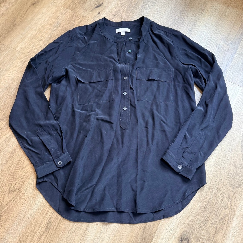 Banana Republic Black 100% Silk Henley Blouse Long Sleeve Size M Quiet Luxury